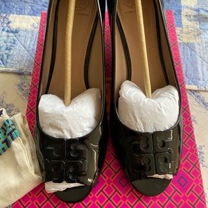 Tory Burch Black Patent Open Toe Wedge